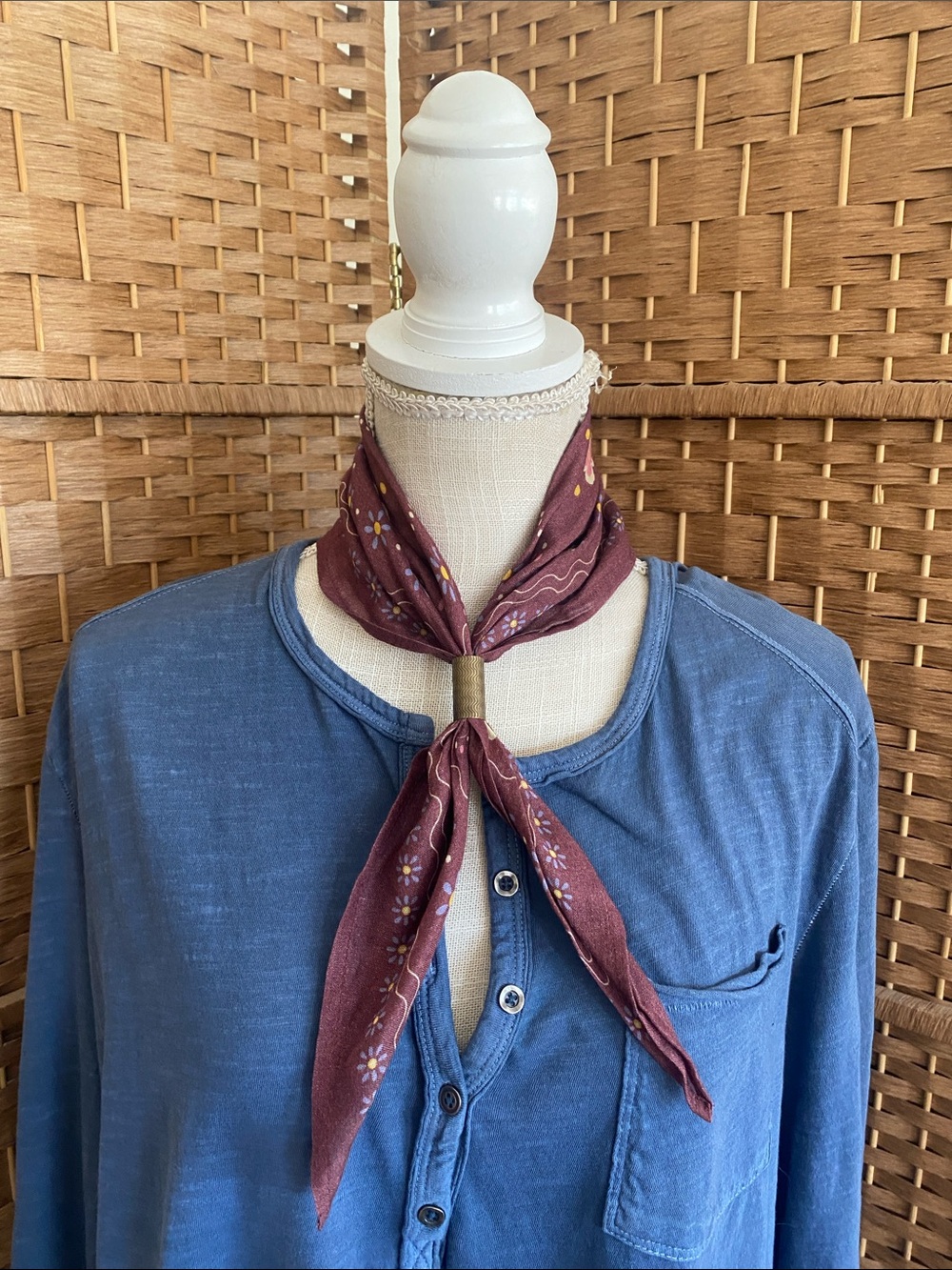 Chan Luu Maroon Floral Silk Neck Scarf with Slide